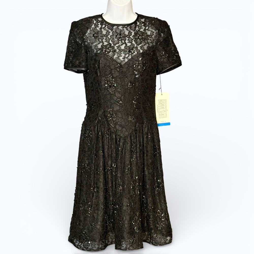 Vintage 80s Morton Myles Black Sequined Lace Cocktail Dress Basque Waist 4 NWT